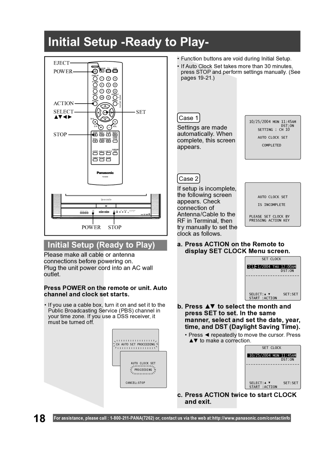 Panasonic PV-27DF4 Initial Setup -Ready to Play, Initial Setup Ready to Play, Press Action twice to start Clock and exit 