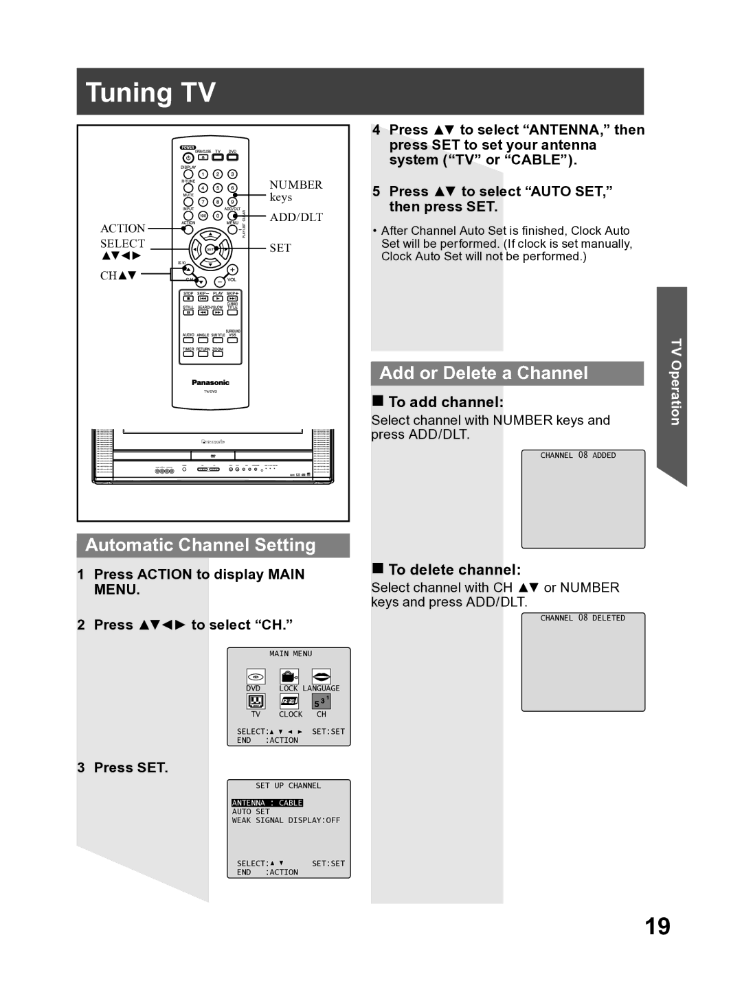 Panasonic PV-27DF4 operating instructions Tuning TV, Automatic Channel Setting, Add or Delete a Channel 