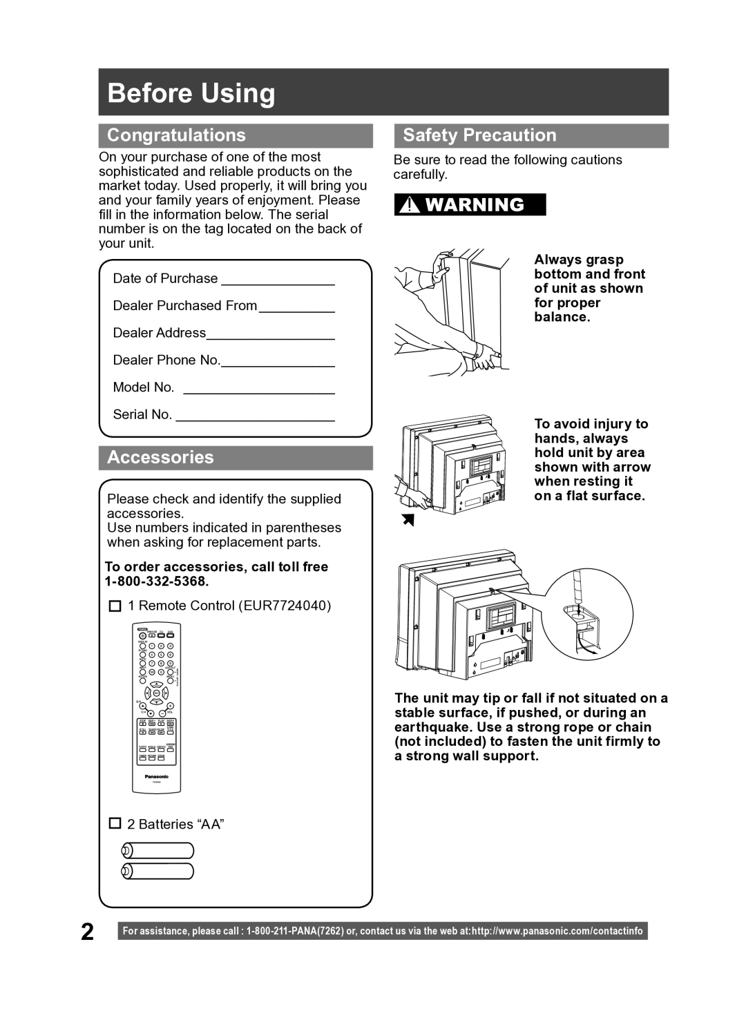 Panasonic PV-27DF4 Before Using, Congratulations, Accessories, Safety Precaution, To order accessories, call toll free 
