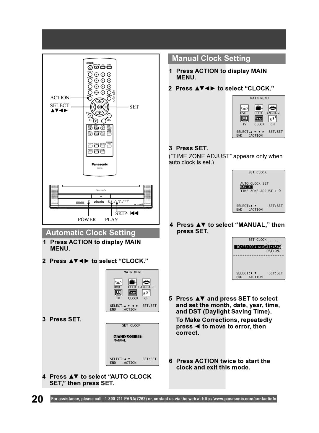 Panasonic PV-27DF4 Automatic Clock Setting, Manual Clock Setting, Press Action to display Main Menu Press to select Clock 