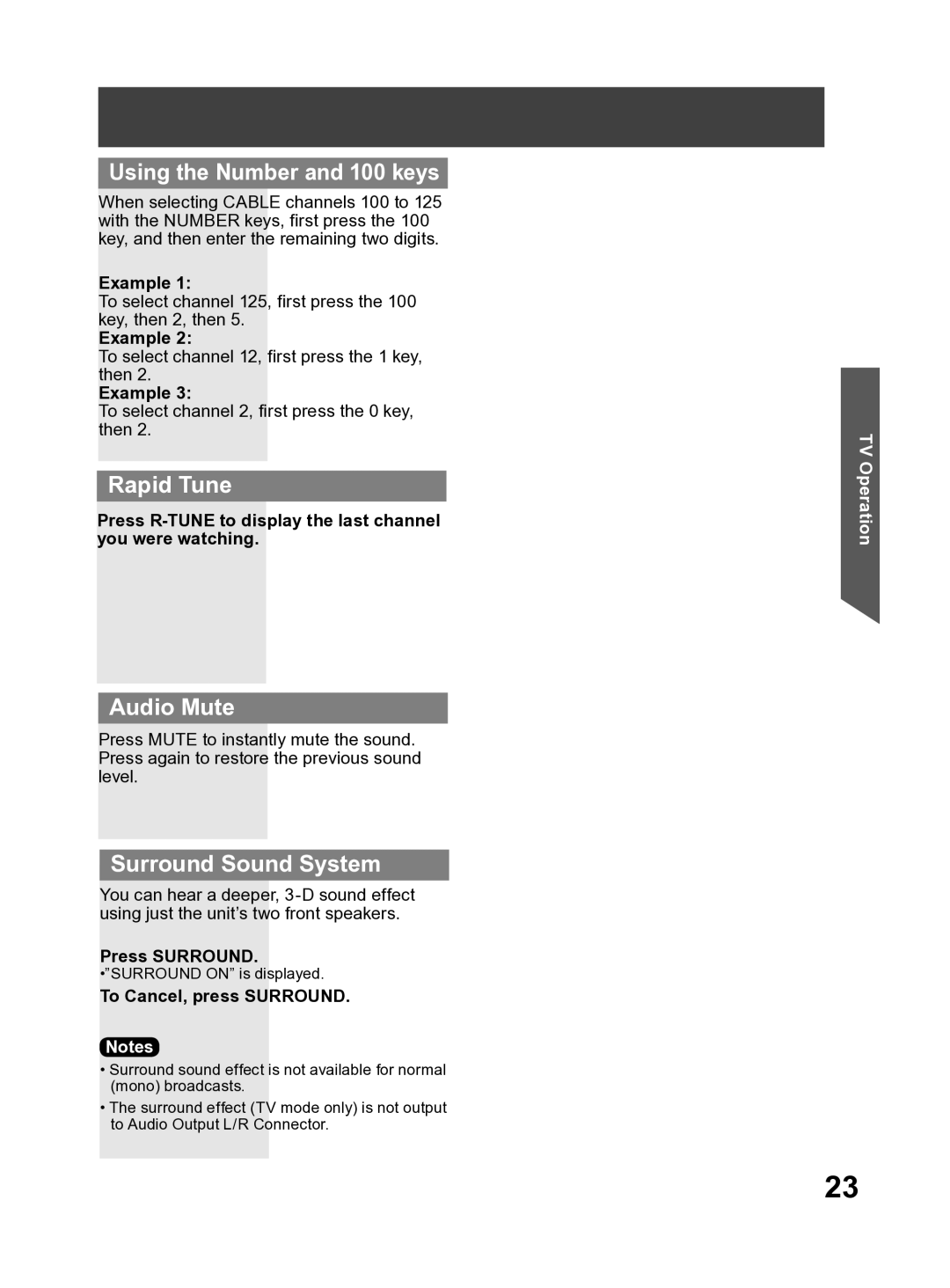 Panasonic PV-27DF4 operating instructions Using the Number and 100 keys, Rapid Tune, Audio Mute, Surround Sound System 