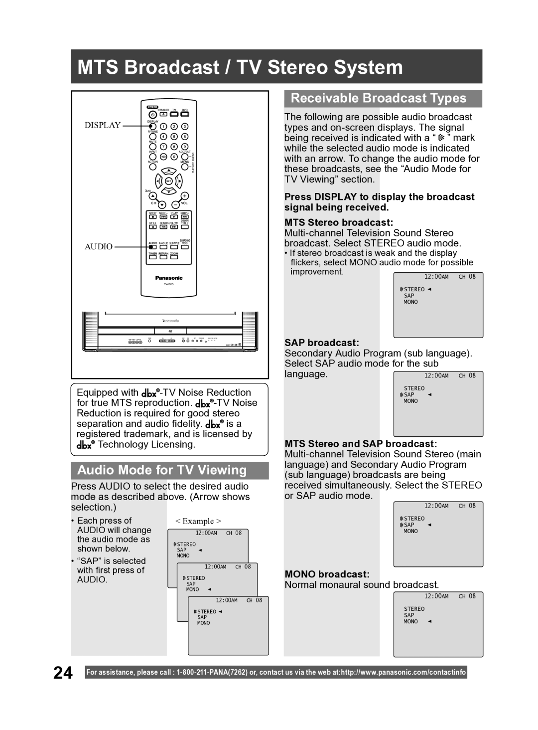 Panasonic PV-27DF4 MTS Broadcast / TV Stereo System, Audio Mode for TV Viewing, Receivable Broadcast Types, SAP broadcast 