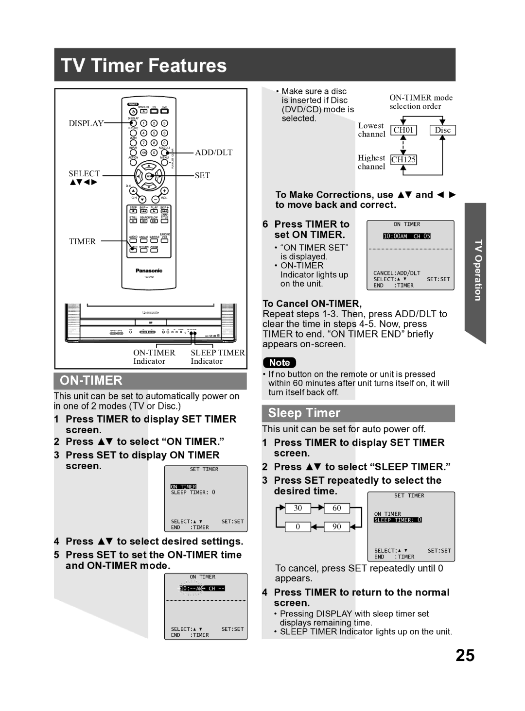 Panasonic PV-27DF4 TV Timer Features, Sleep Timer, Press Timer to set on Timer, Press Timer to return to the normal screen 