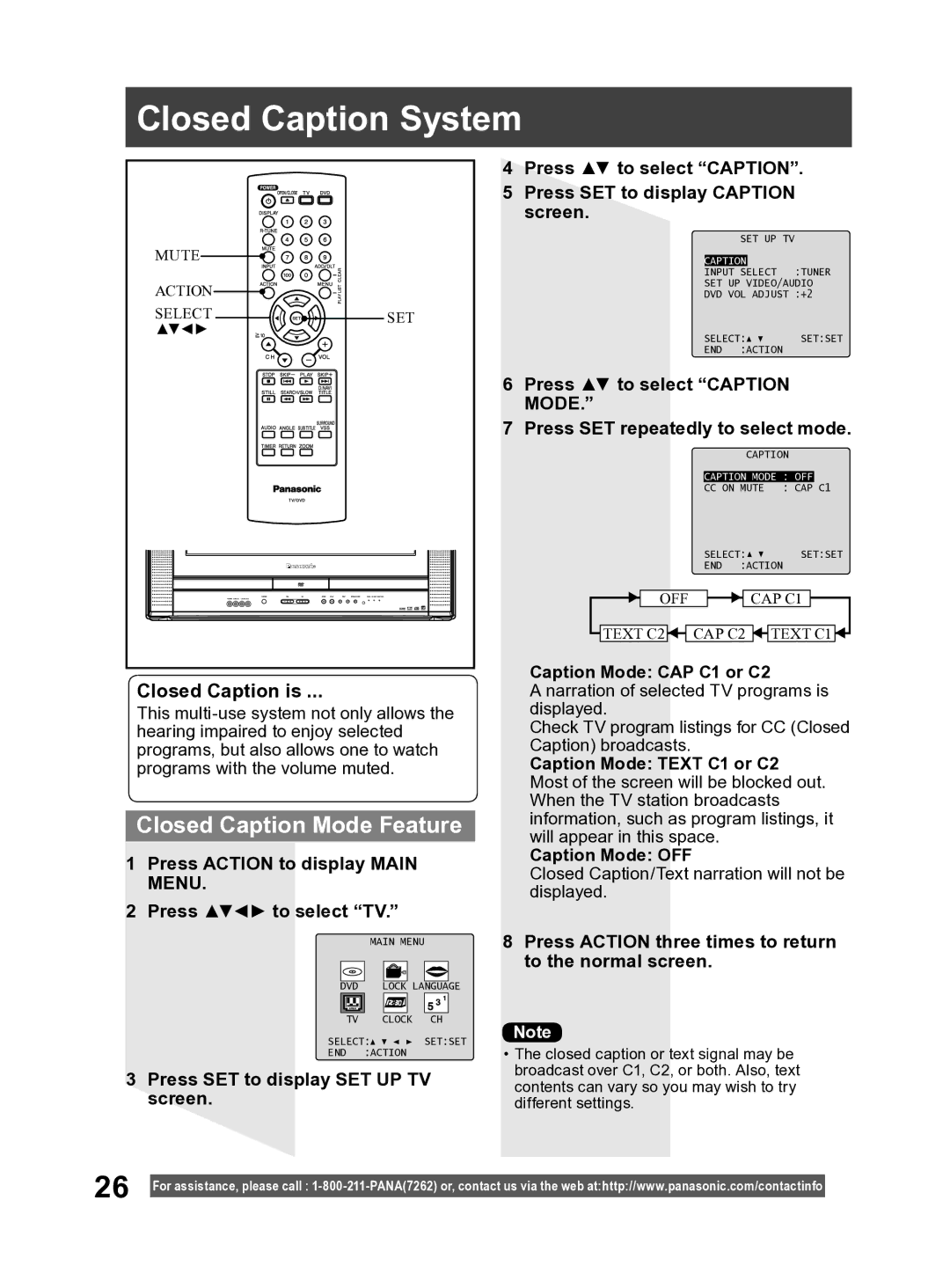 Panasonic PV-27DF4 operating instructions Closed Caption System, Closed Caption Mode Feature, Closed Caption is 