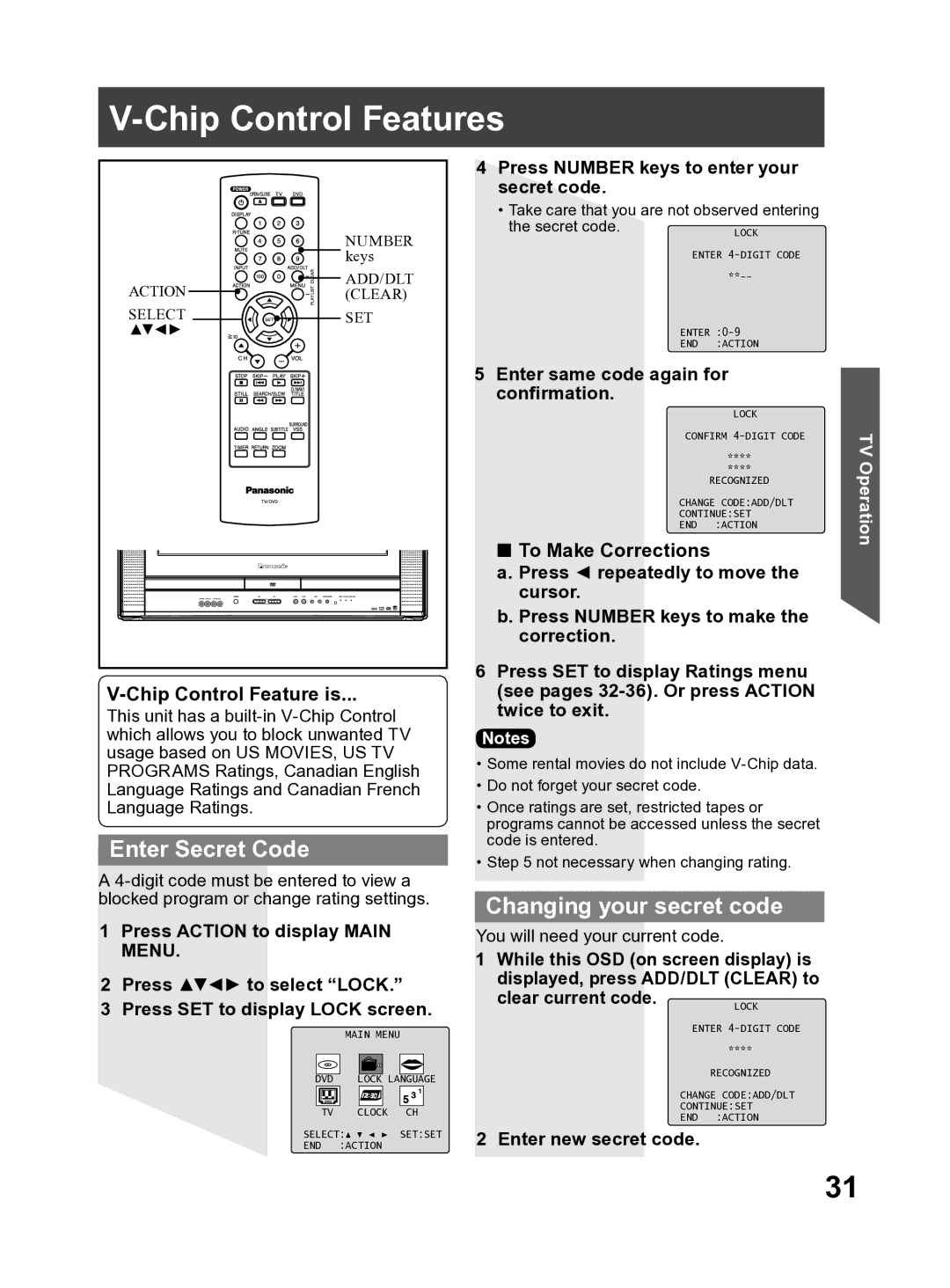 Panasonic PV-27DF4 operating instructions Chip Control Features, Enter Secret Code, Changing your secret code 