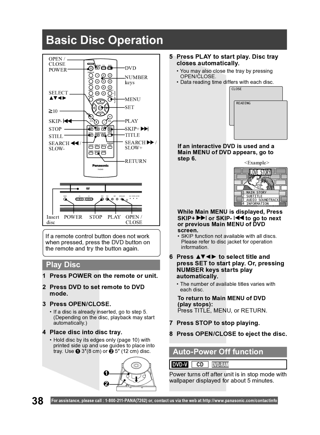 Panasonic PV-27DF4 Basic Disc Operation, Play Disc, Auto-Power Off function, Place disc into disc tray 