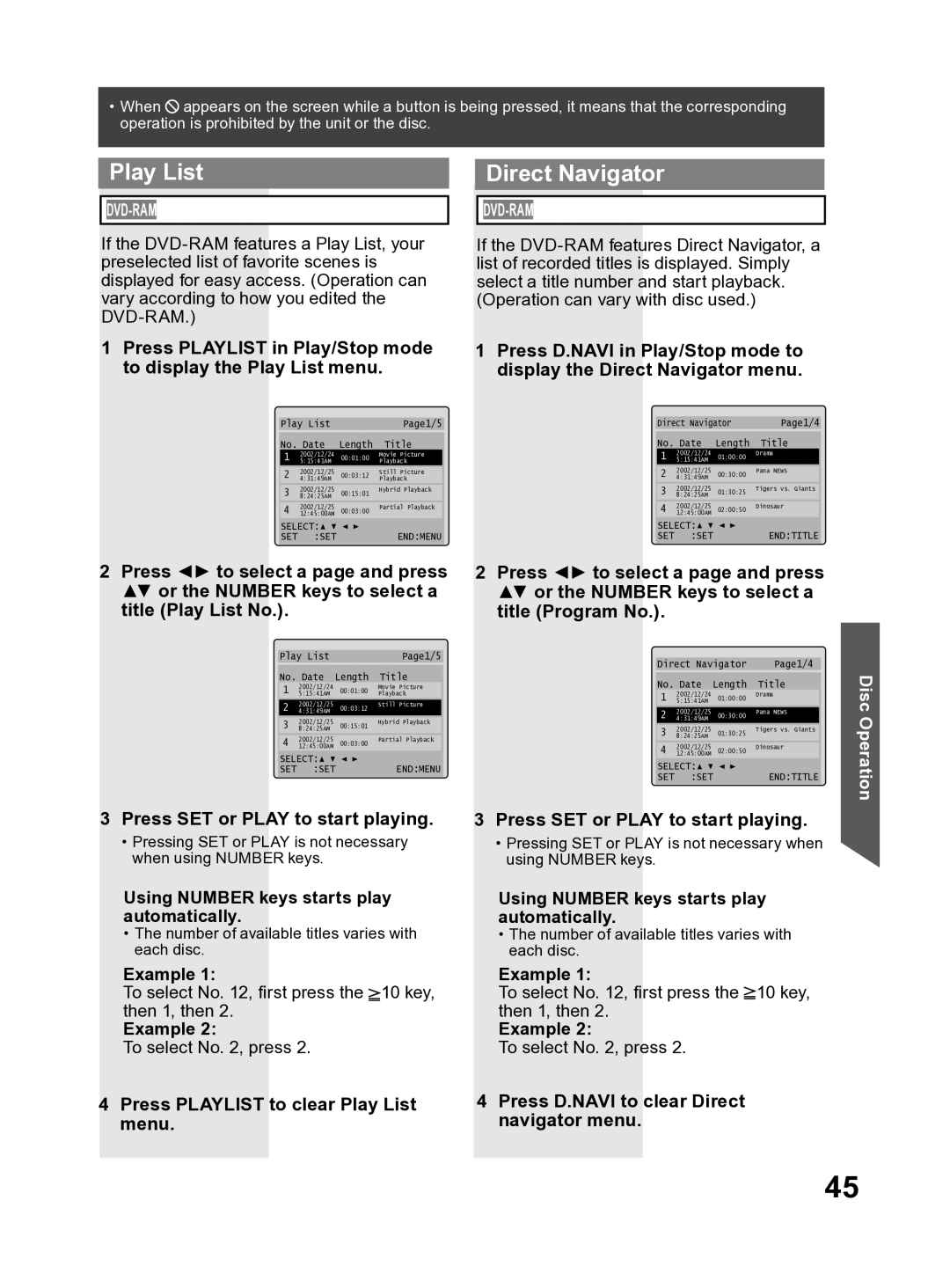 Panasonic PV-27DF4 operating instructions Play List Direct Navigator, Press SET or Play to start playing 