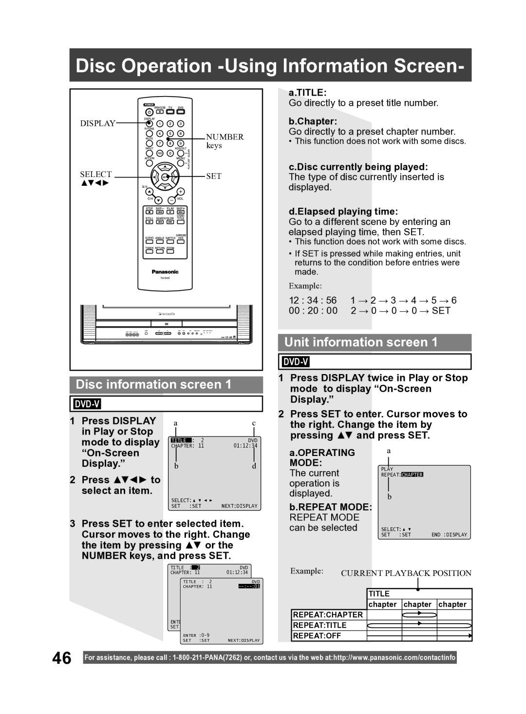 Panasonic PV-27DF4 Disc Operation -Using Information Screen, Disc information screen, Unit information screen 