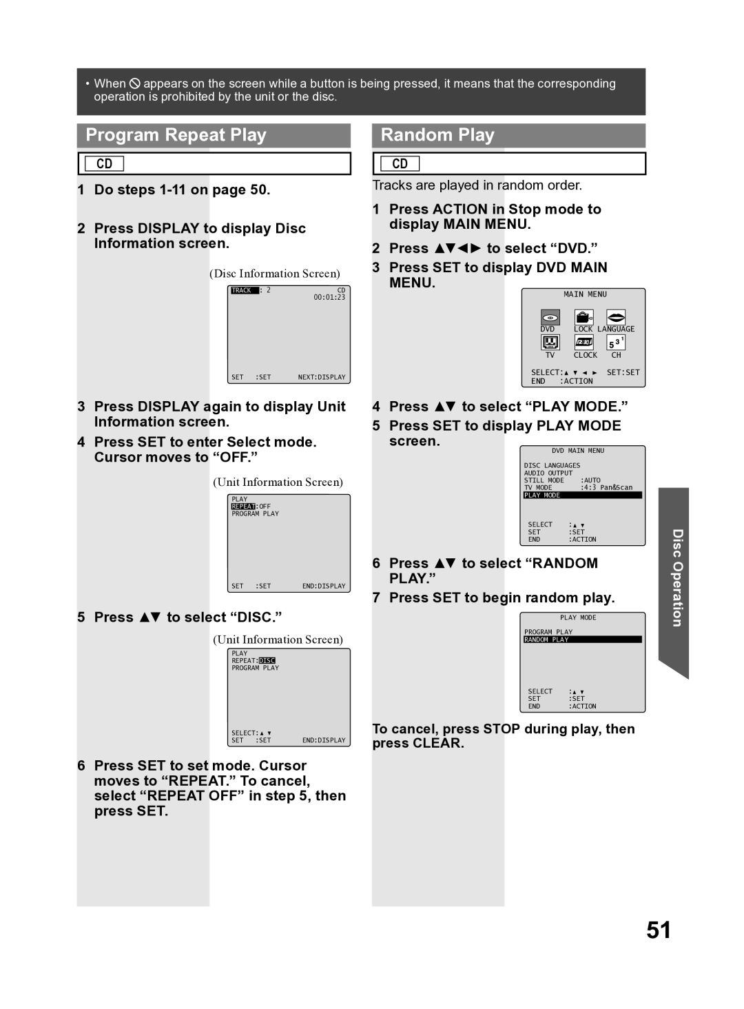 Panasonic PV-27DF4 operating instructions Program Repeat Play, Random Play, Press to select Disc 