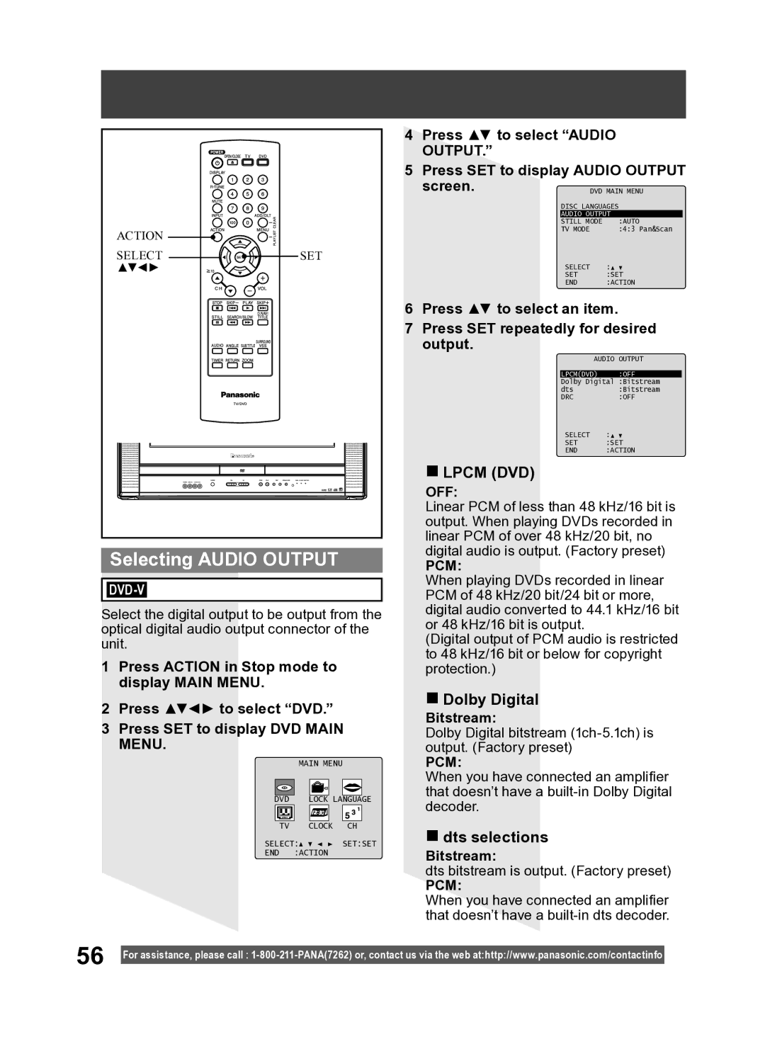 Panasonic PV-27DF4 operating instructions Selecting Audio Output, Lpcm DVD, Dolby Digital, Dts selections, Bitstream 