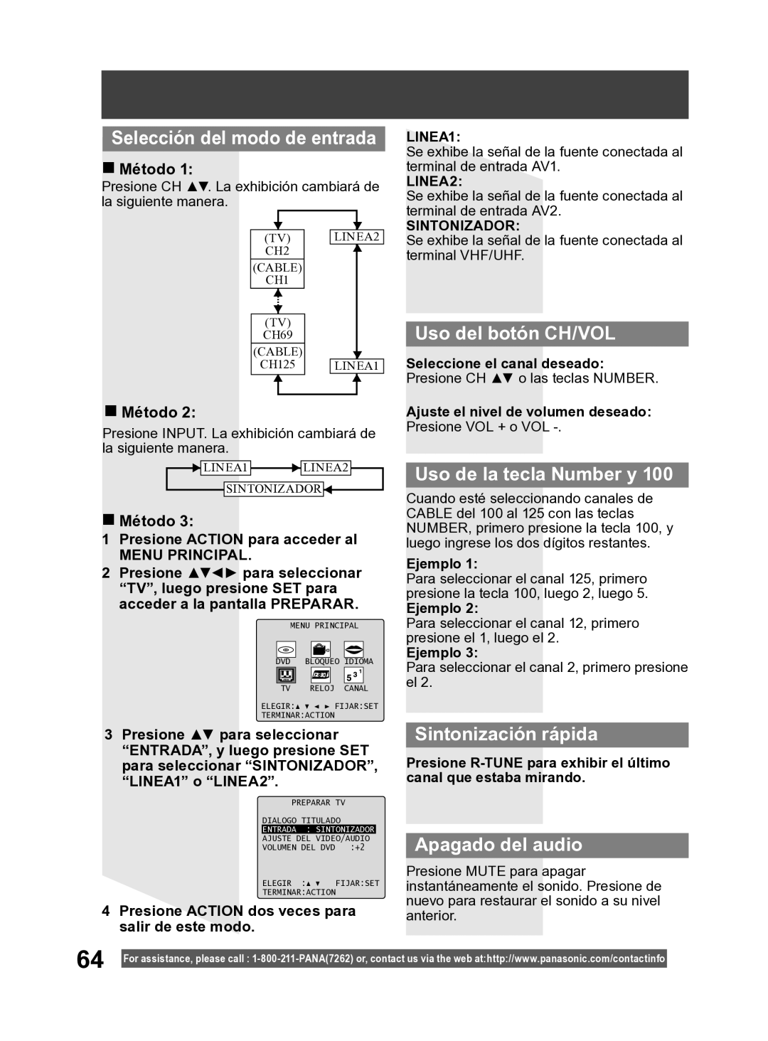 Panasonic PV-27DF4 Selección del modo de entrada, Uso del botón CH/VOL, Uso de la tecla Number y, Sintonización rápida 