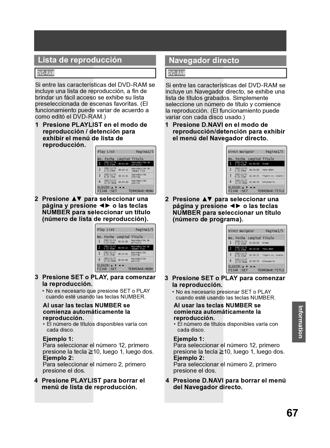 Panasonic PV-27DF4 Lista de reproducción Navegador directo, Presione SET o PLAY, para comenzar la reproducción 