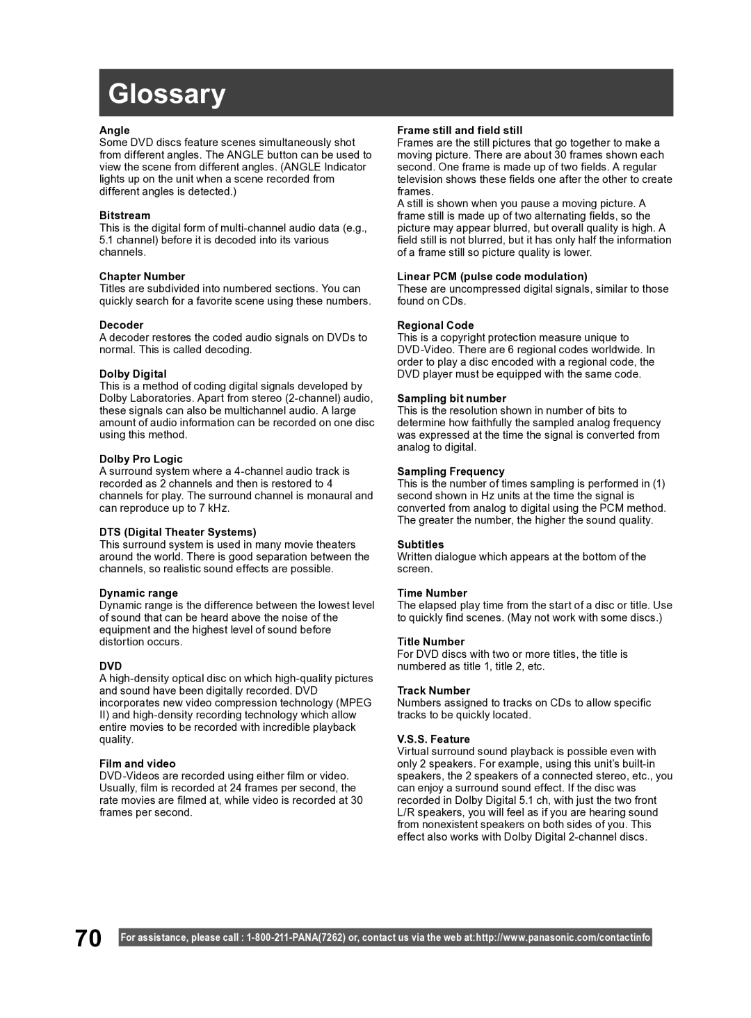 Panasonic PV-27DF4 operating instructions Glossary, Angle 