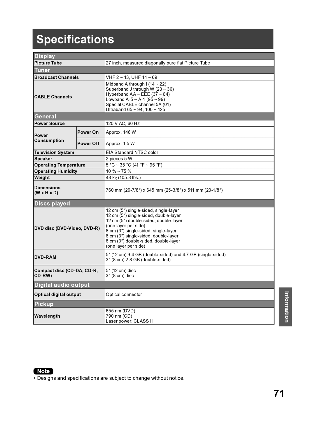 Panasonic PV-27DF4 operating instructions Specifications, Tuner 