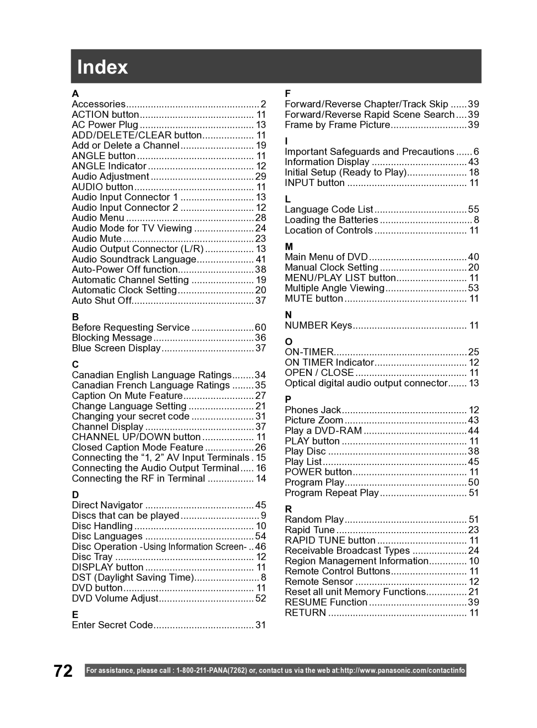 Panasonic PV-27DF4 operating instructions Index, Open / Close 