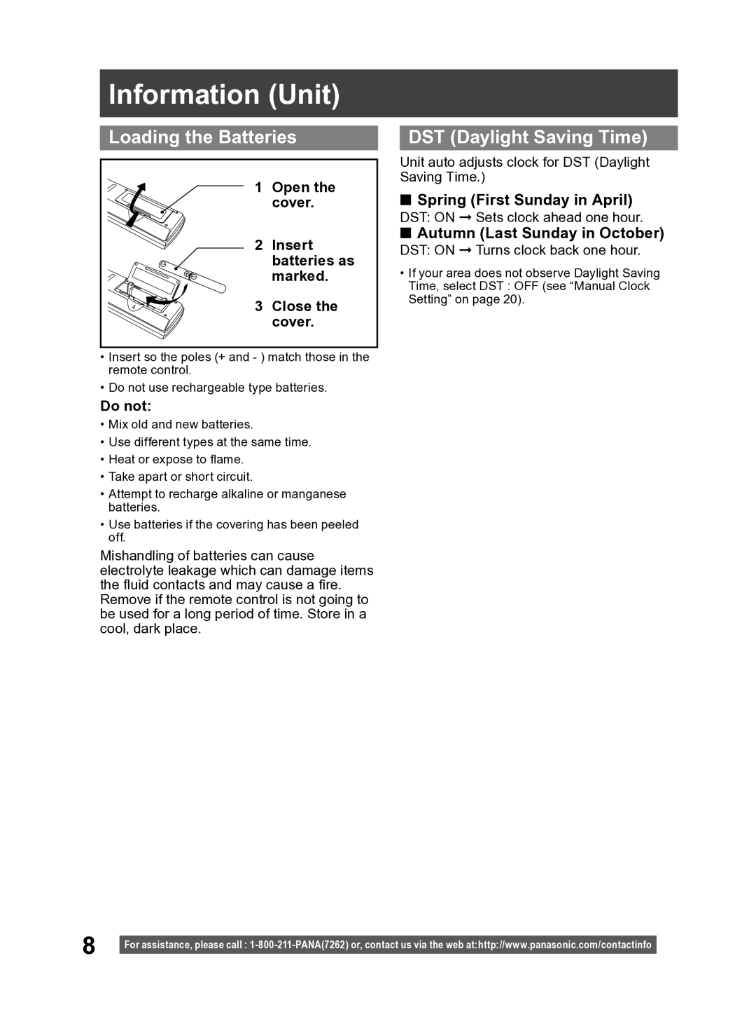 Panasonic PV-27DF4 operating instructions Information Unit, Loading the Batteries, DST Daylight Saving Time 