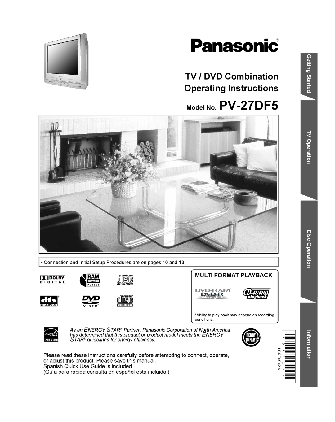 Panasonic PV-27DF5 manual TV / DVD Combination Operating Instructions 