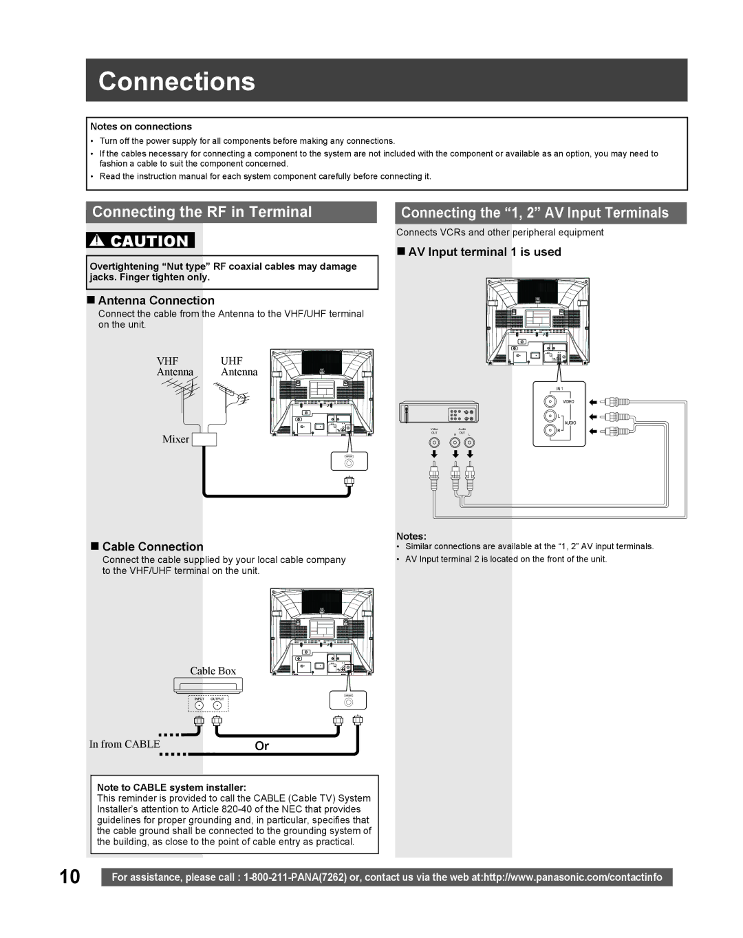 Panasonic PV-27DF5 manual Connections, Connecting the RF in Terminal, „ Antenna Connection, „ Cable Connection 