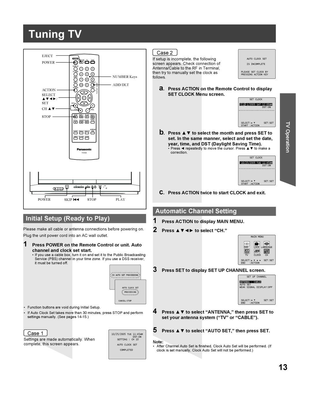 Panasonic PV-27DF5 manual Tuning TV, Initial Setup Ready to Play, Automatic Channel Setting 