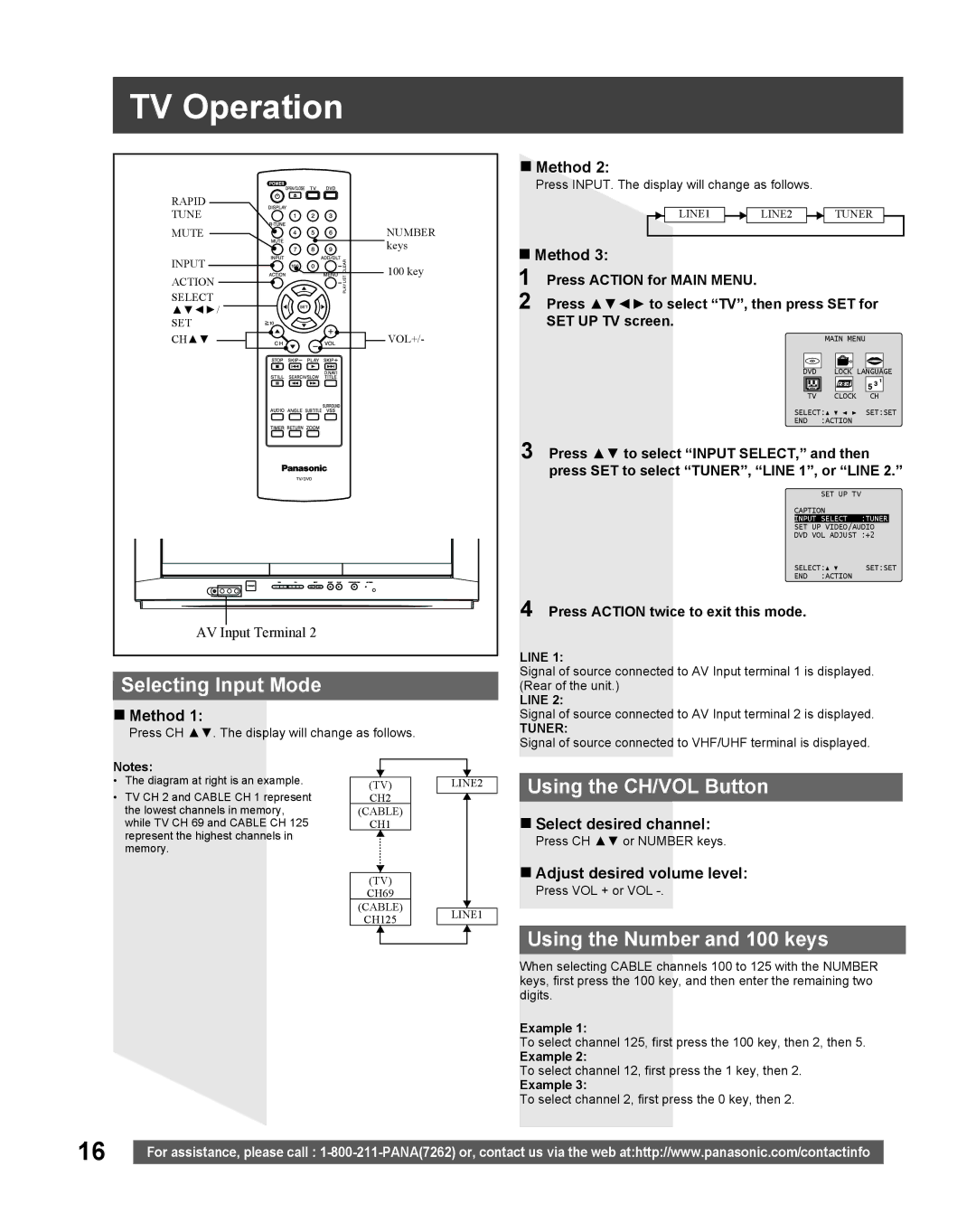 Panasonic PV-27DF5 manual TV Operation, Selecting Input Mode, Using the CH/VOL Button, Using the Number and 100 keys 