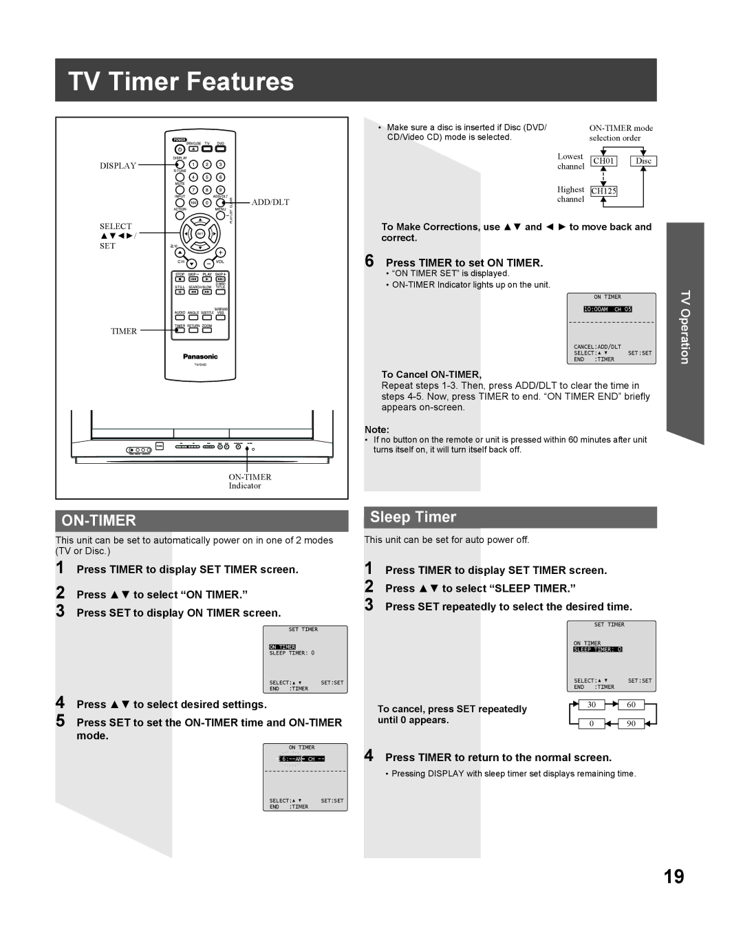 Panasonic PV-27DF5 TV Timer Features, Sleep Timer, Press Timer to set on Timer, Press Timer to return to the normal screen 