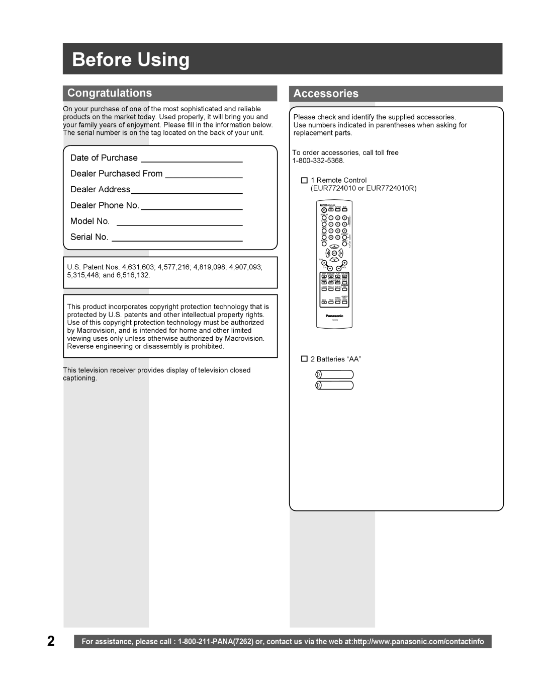 Panasonic PV-27DF5 manual Before Using, Congratulations, Accessories 