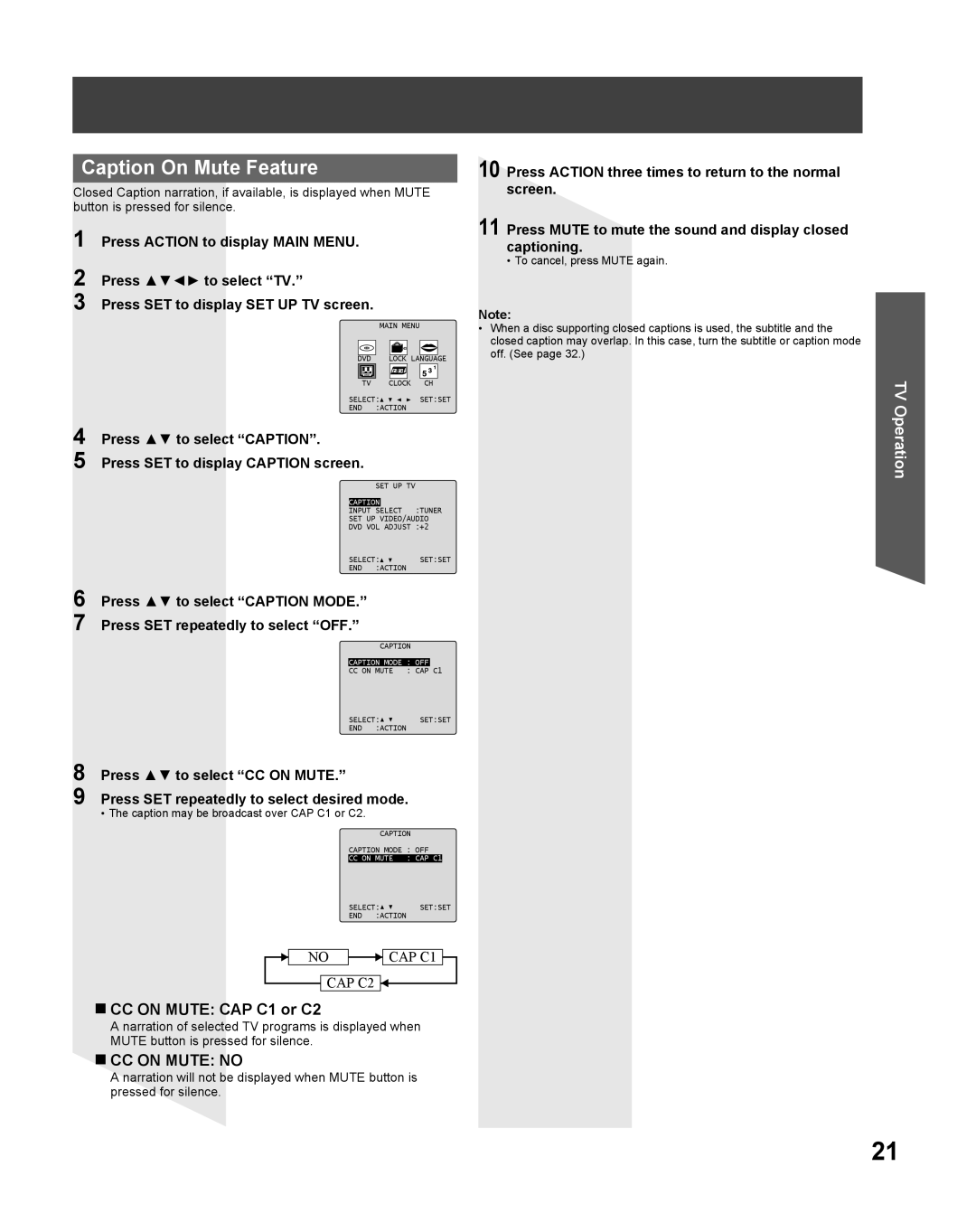 Panasonic PV-27DF5 manual Caption On Mute Feature, „ CC on Mute CAP C1 or C2 