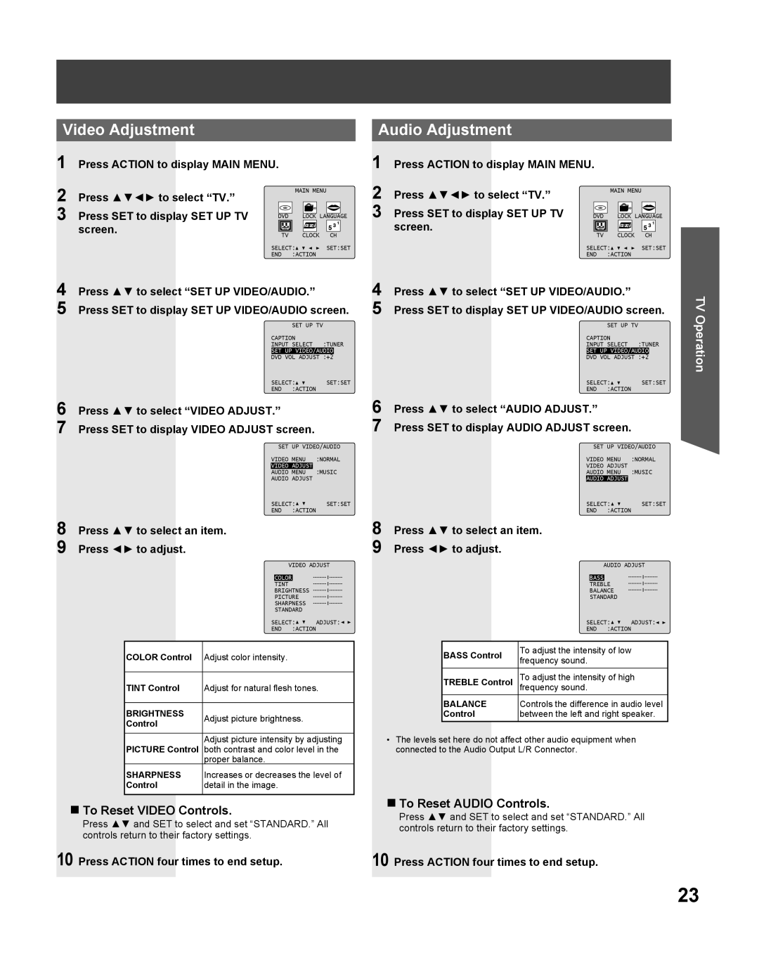 Panasonic PV-27DF5 manual Video Adjustment, Audio Adjustment, „ To Reset Video Controls, „ To Reset Audio Controls 