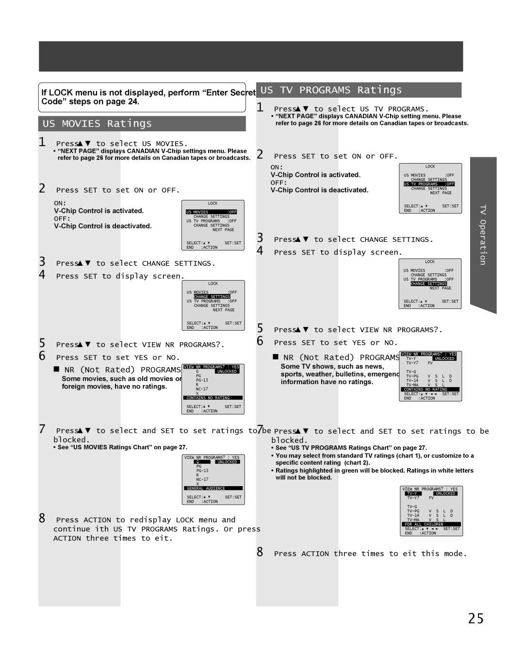 Panasonic PV-27DF5 manual US Movies Ratings, US TV Programs Ratings, „ NR Not Rated Programs 