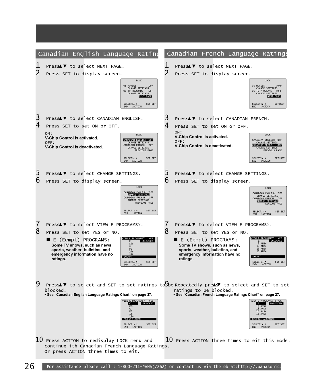 Panasonic PV-27DF5 manual Canadian English Language Ratings, Canadian French Language Ratings, „ E Exempt Programs 