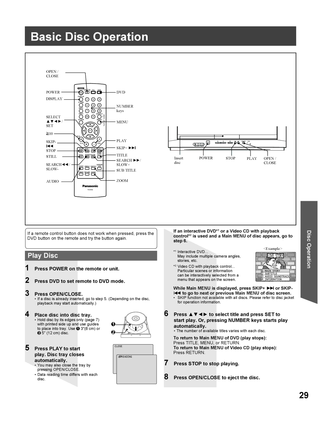 Panasonic PV-27DF5 manual Basic Disc Operation, Play Disc, Place disc into disc tray 