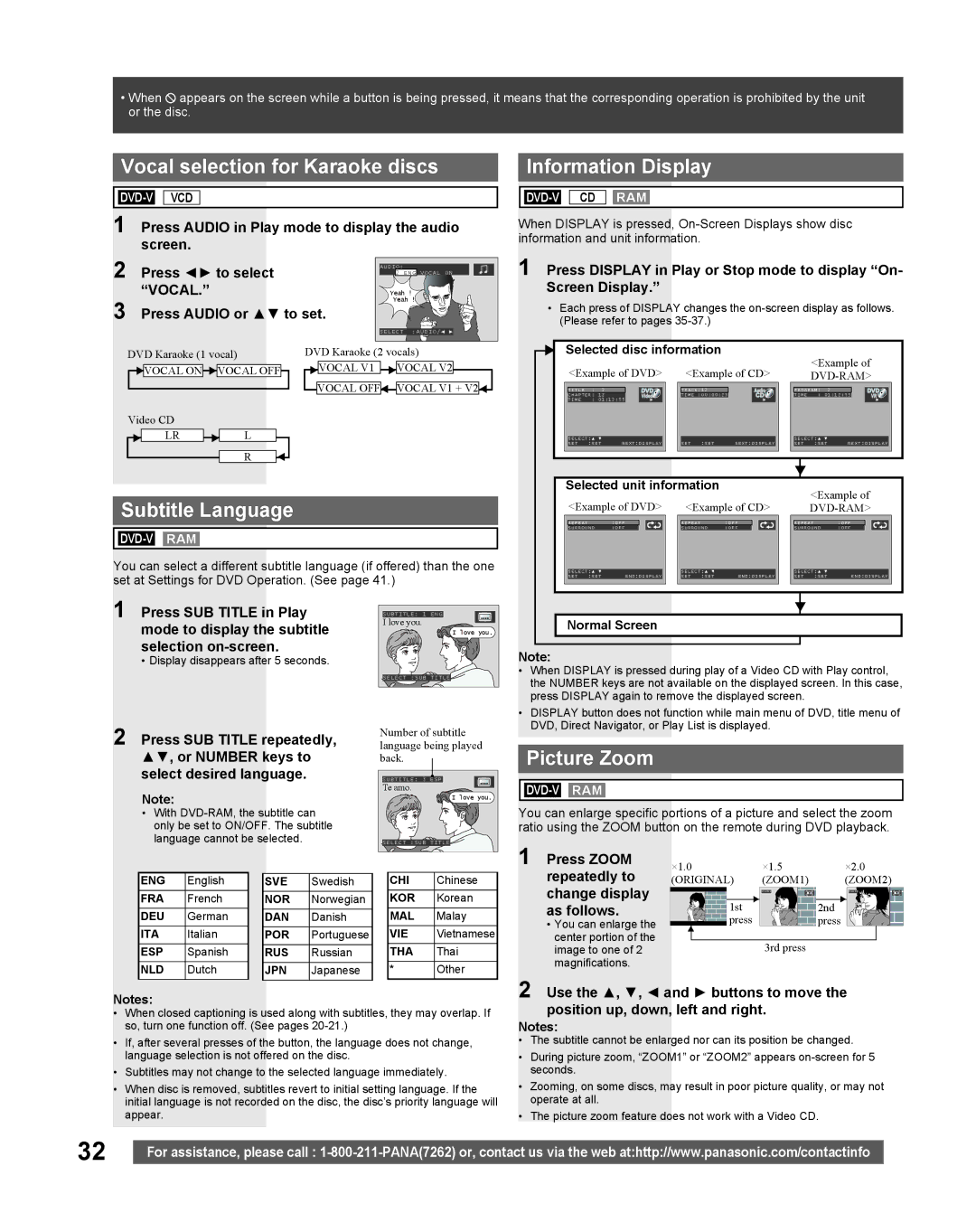 Panasonic PV-27DF5 manual Vocal selection for Karaoke discs, Subtitle Language, Information Display, Picture Zoom 