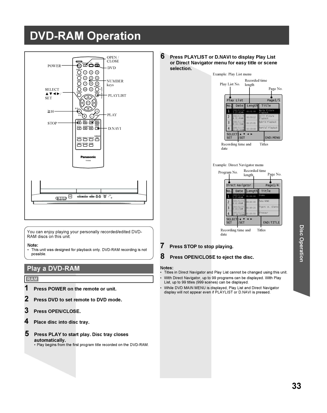 Panasonic PV-27DF5 manual DVD-RAM Operation, Play a DVD-RAM 