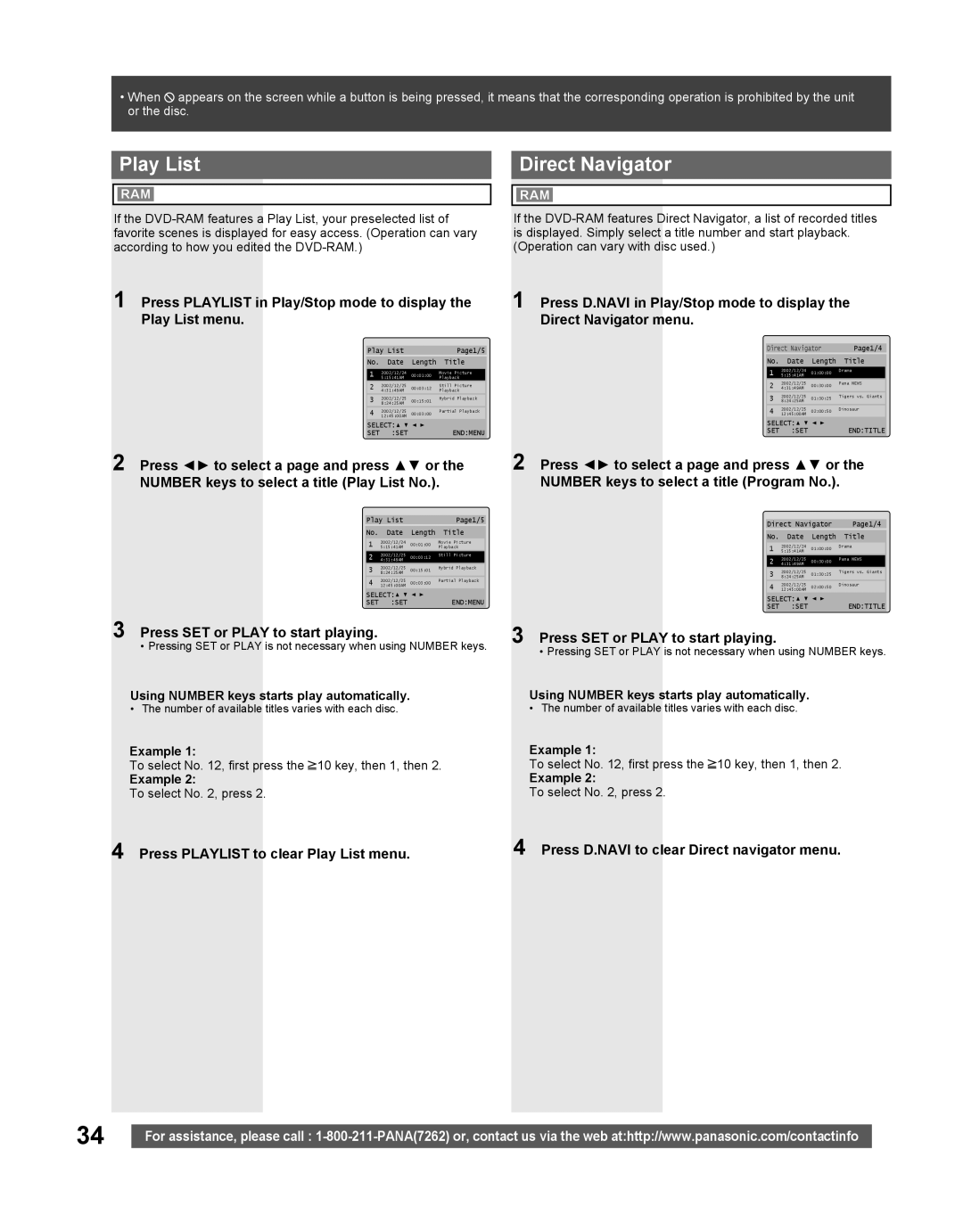 Panasonic PV-27DF5 manual Direct Navigator, Press SET or Play to start playing, Press Playlist to clear Play List menu 