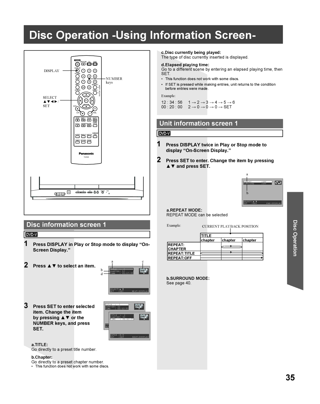 Panasonic PV-27DF5 manual Disc Operation -Using Information Screen, Disc information screen, Unit information screen 