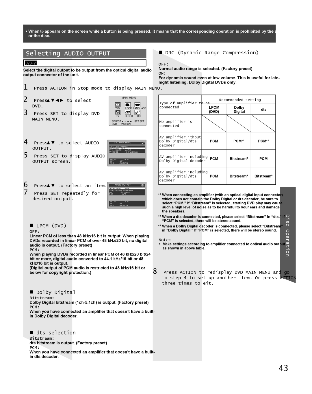 Panasonic PV-27DF5 manual Selecting Audio Output, „ DRC Dynamic Range Compression, „ Dolby Digital, „ dts selection, Pcm 