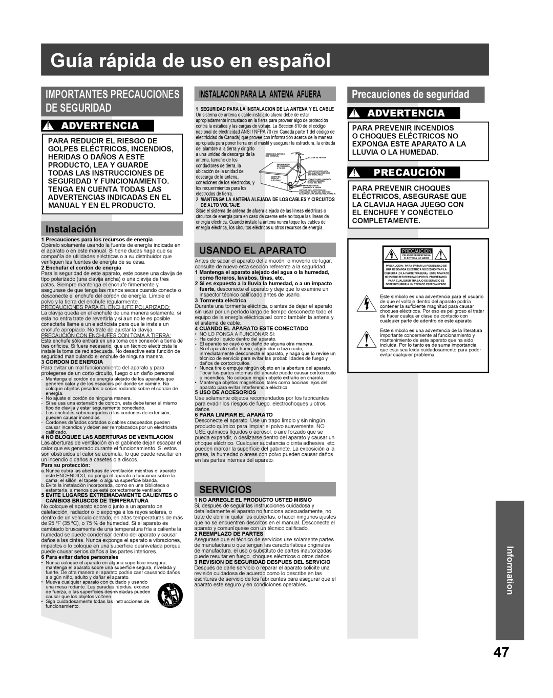 Panasonic PV-27DF5 manual Guía rápida de uso en español, Precauciones de seguridad, Instalación 