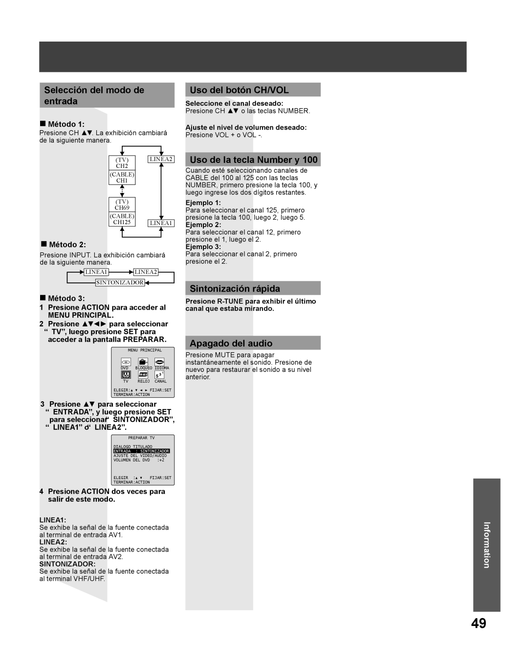 Panasonic PV-27DF5 Selección del modo de Entrada, Uso del botón CH/VOL, Uso de la tecla Number y, Sintonización rápida 