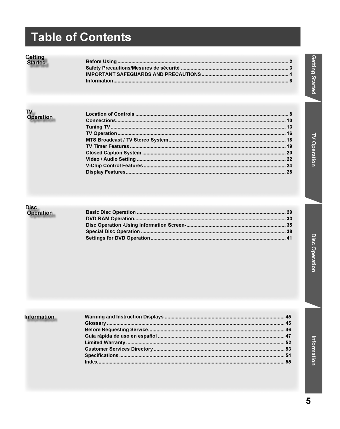 Panasonic PV-27DF5 manual Table of Contents 