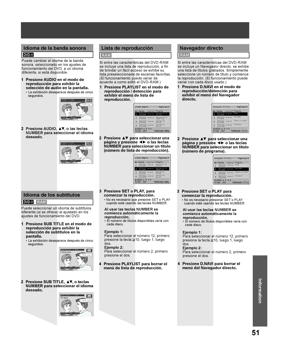 Panasonic PV-27DF5 manual Idioma de la banda sonora, Lista de reproducción, Navegador directo, Idioma de los subtítulos 