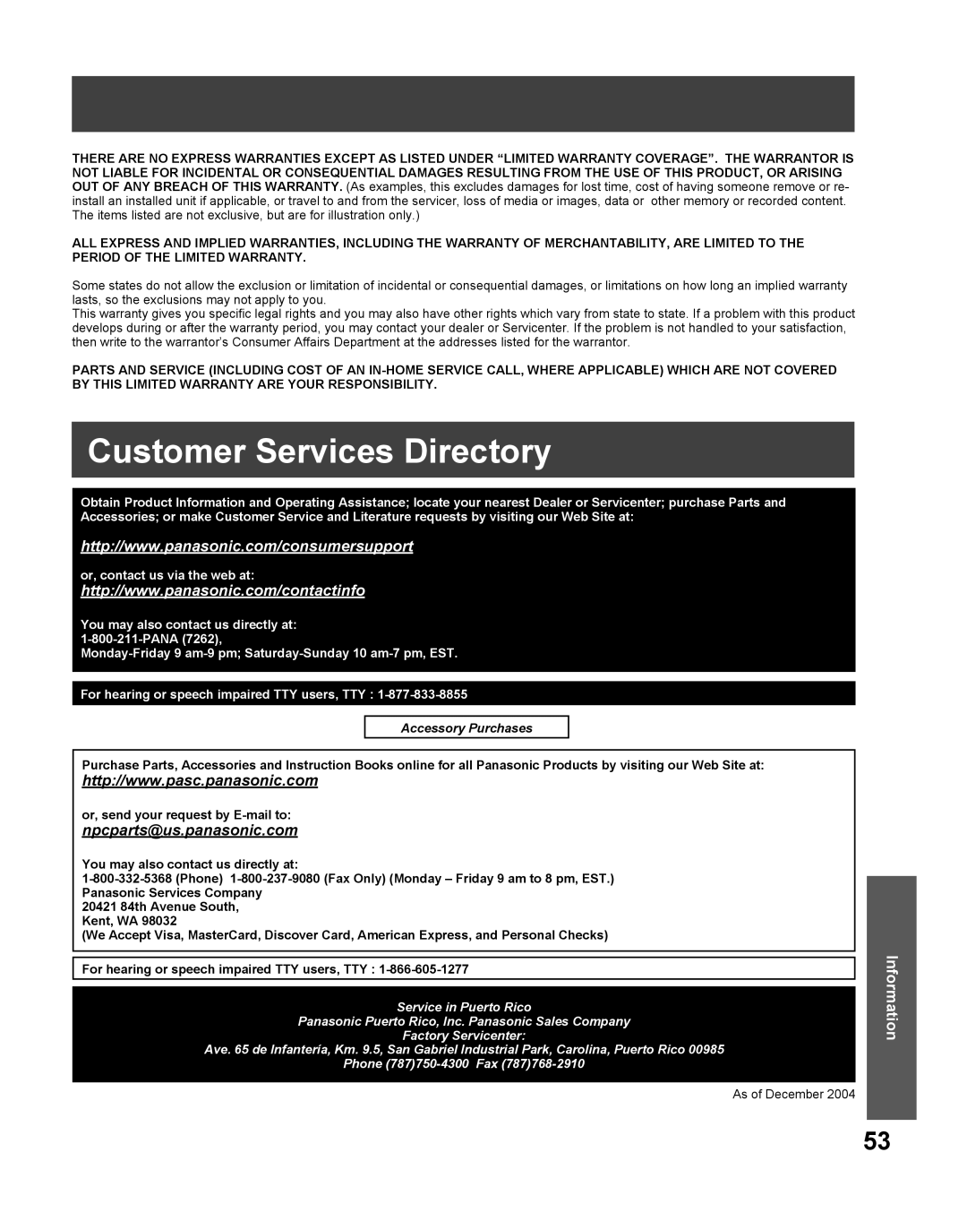 Panasonic PV-27DF5 manual Customer Services Directory, As of December 