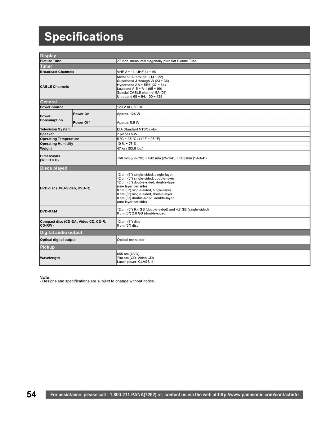 Panasonic PV-27DF5 manual Specifications, Tuner 