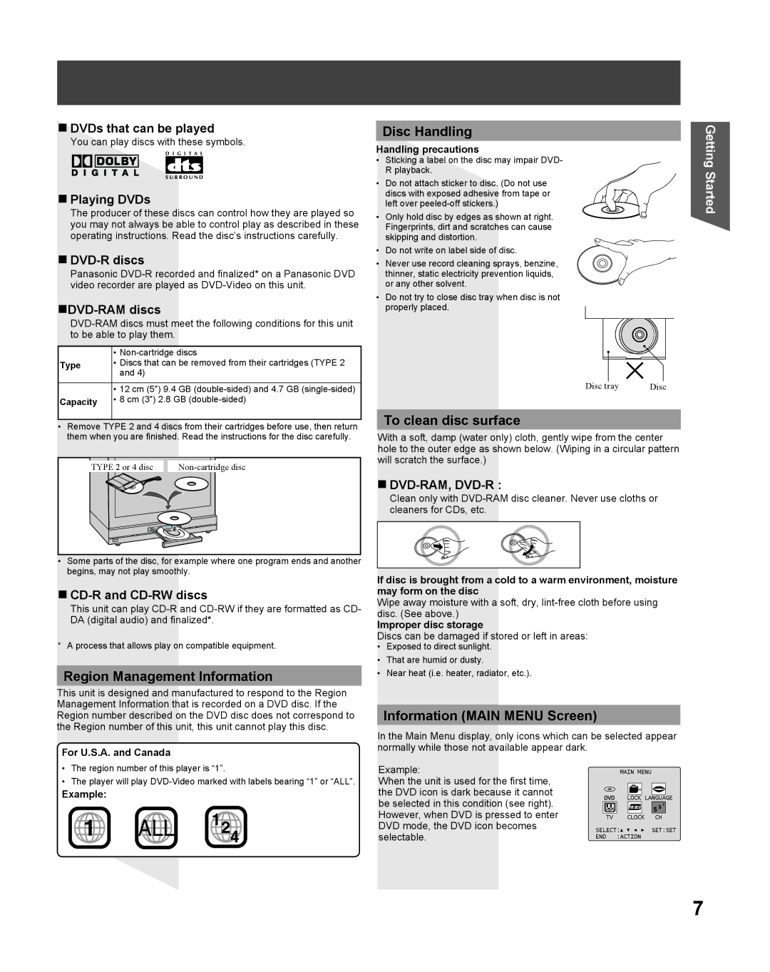 Panasonic PV-27DF5 manual Region Management Information, Disc Handling, To clean disc surface, Information Main Menu Screen 