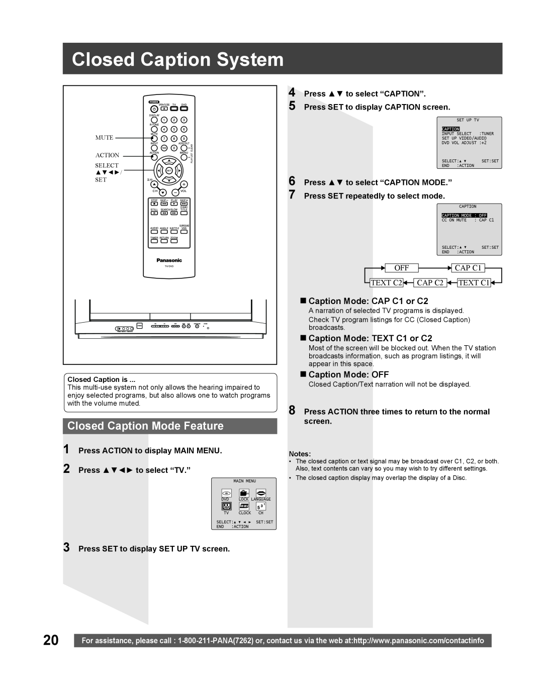 Panasonic PV-27DF5 Closed Caption System, Closed Caption Mode Feature, „ Caption Mode CAP C1 or C2, „ Caption Mode OFF 