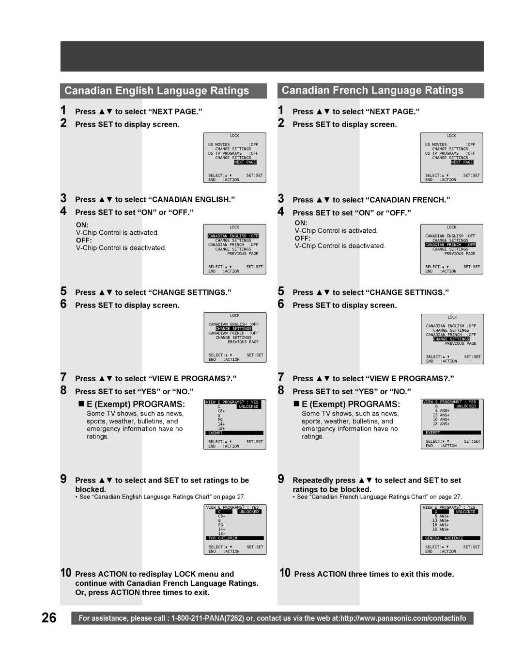 Panasonic PV-27DF5 manual Canadian English Language Ratings, Canadian French Language Ratings, „ E Exempt PROGRAMS 