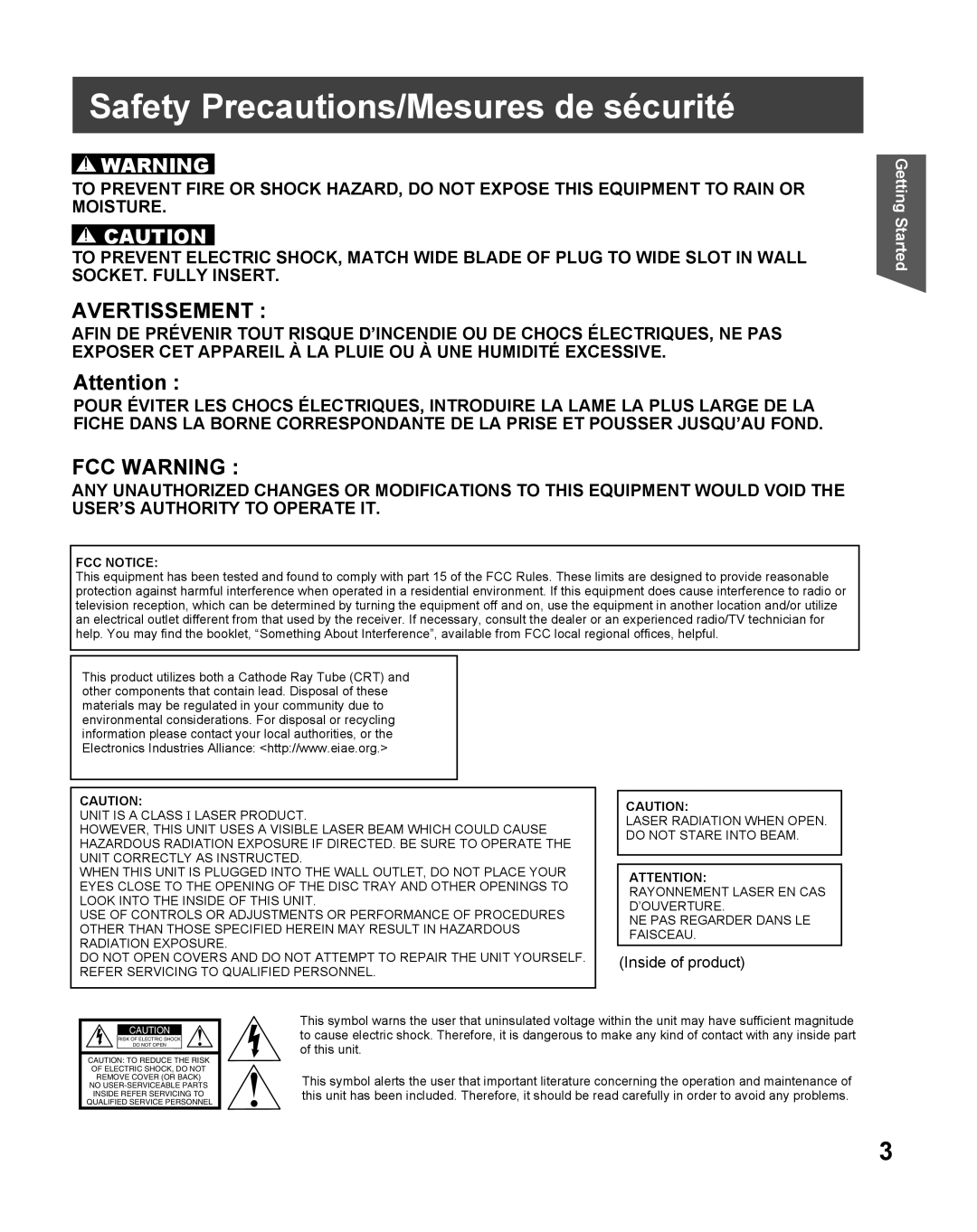 Panasonic PV-27DF5 manual Safety Precautions/Mesures de sécurité, Avertissement, Fcc Warning 