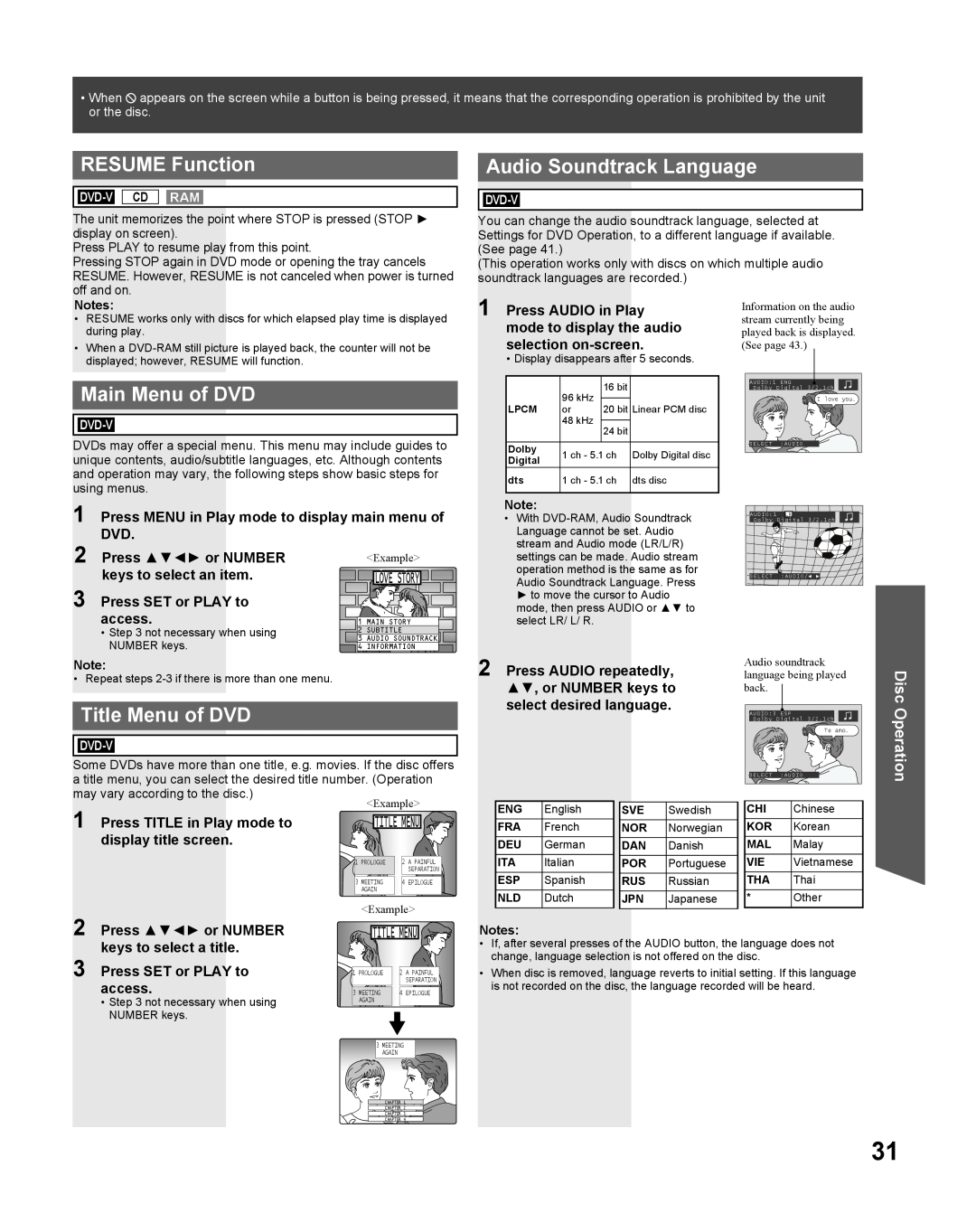 Panasonic PV-27DF5 RESUME Function, Main Menu of DVD, Title Menu of DVD, Audio Soundtrack Language, Disc Operation, access 
