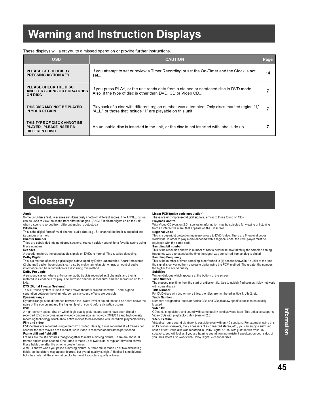 Panasonic PV-27DF5 manual Warning and Instruction Displays, Glossary, Information, Page 