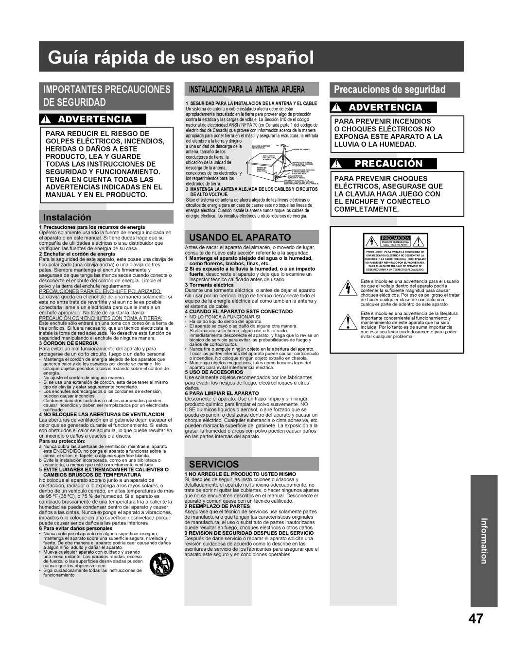 Panasonic PV-27DF5 Guía rápida de uso en español, Precauciones de seguridad, Advertencia, Instalación, Usando El Aparato 