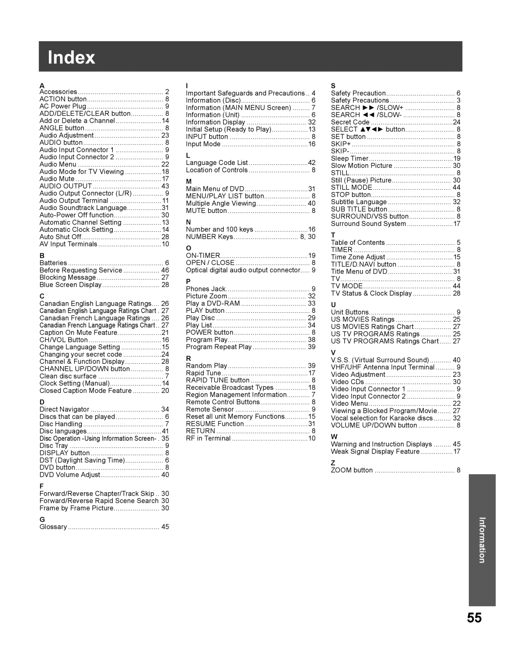 Panasonic PV-27DF5 manual Index 
